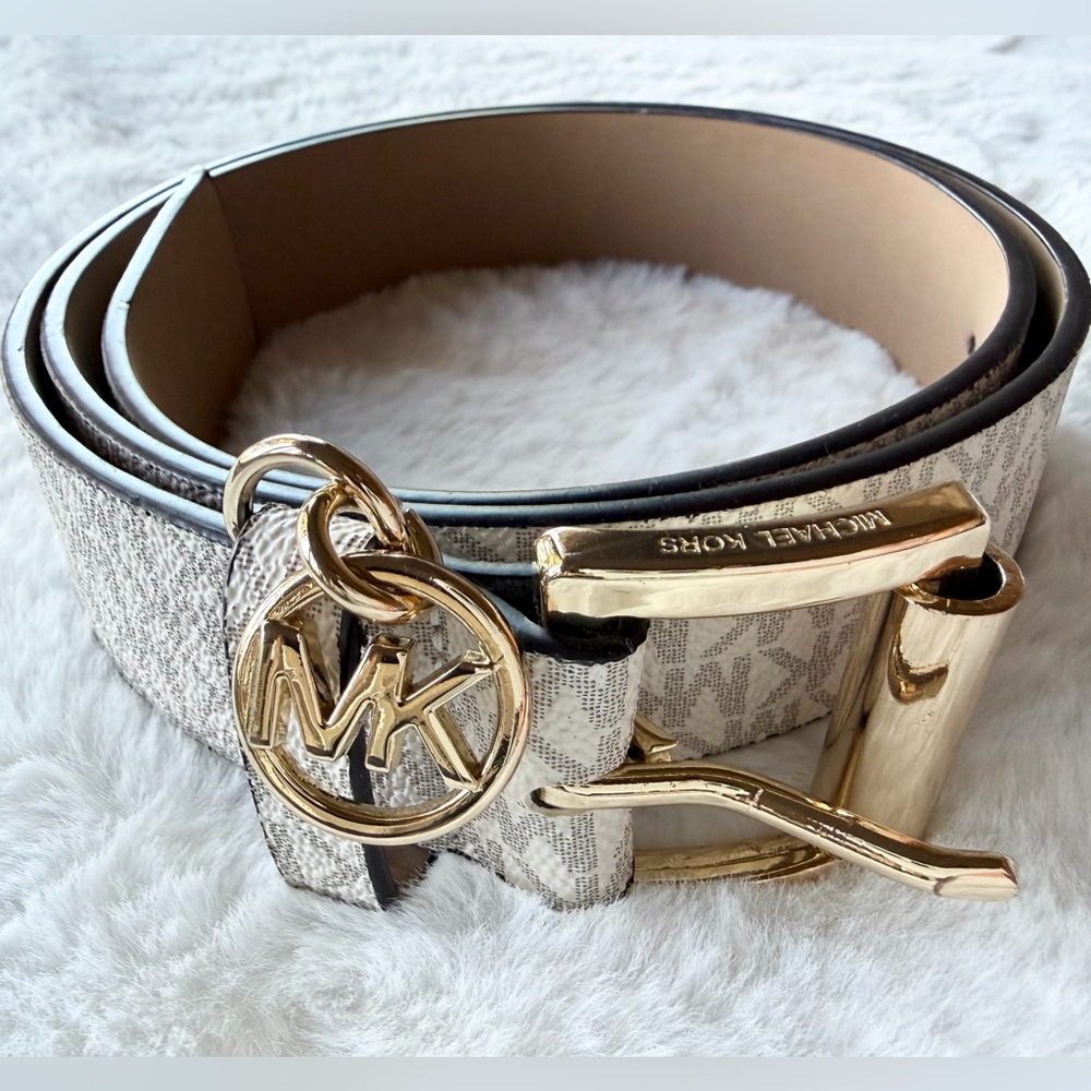 Michael Kors MK Logo Vanilla Faux Leather Belt with Gold Buckle and MK Charm